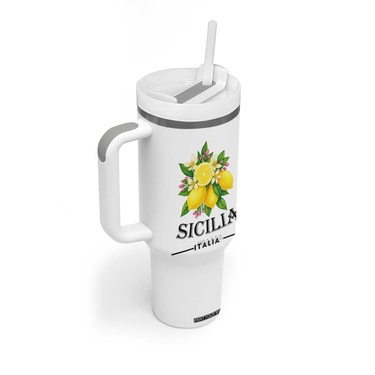 Sicilia Italia Fresh Lemon Tumbler With Handle Italian Sicilians Floral Citrus from Southern Italy TS02 Print Your Wear