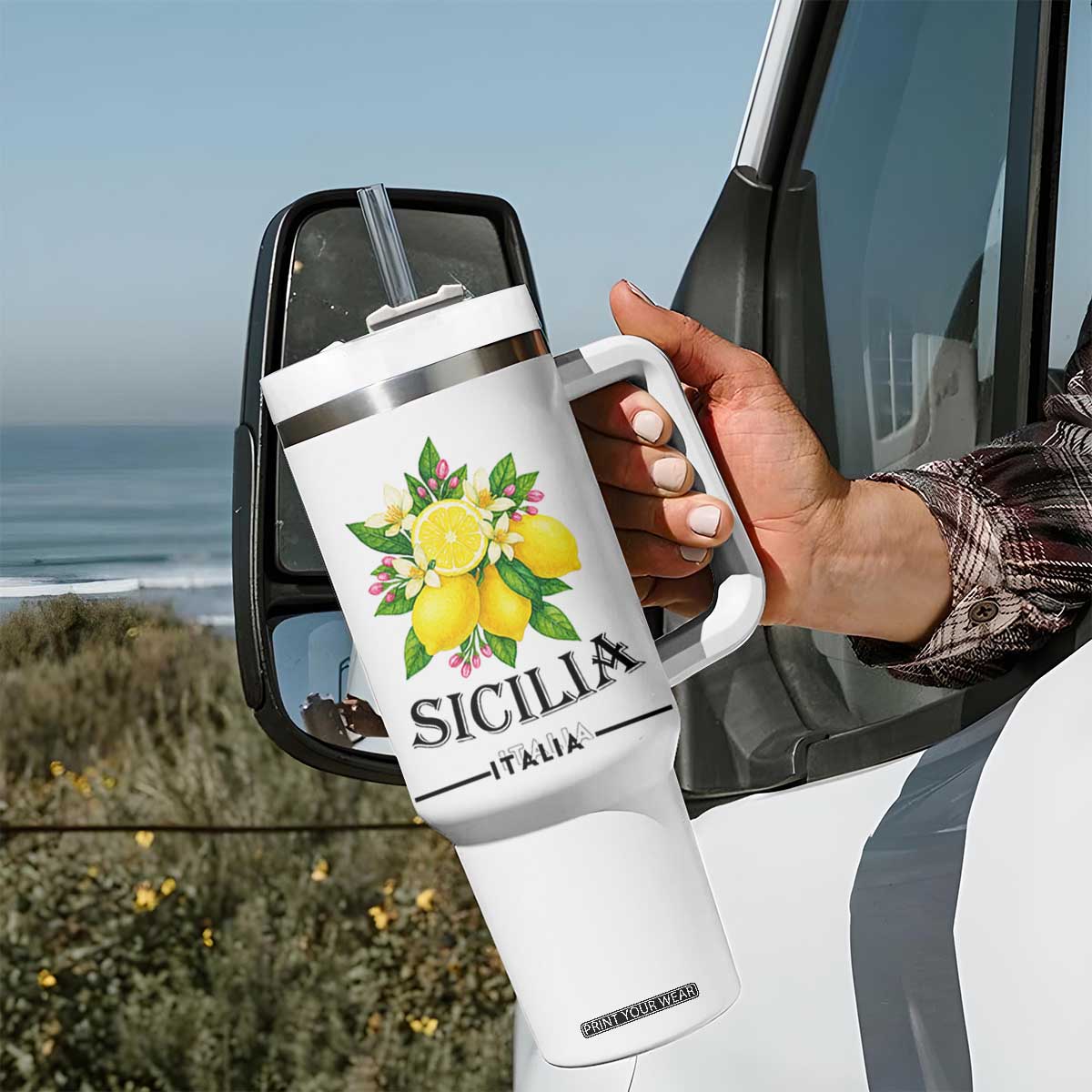 Sicilia Italia Fresh Lemon Tumbler With Handle Italian Sicilians Floral Citrus from Southern Italy TS02 Print Your Wear
