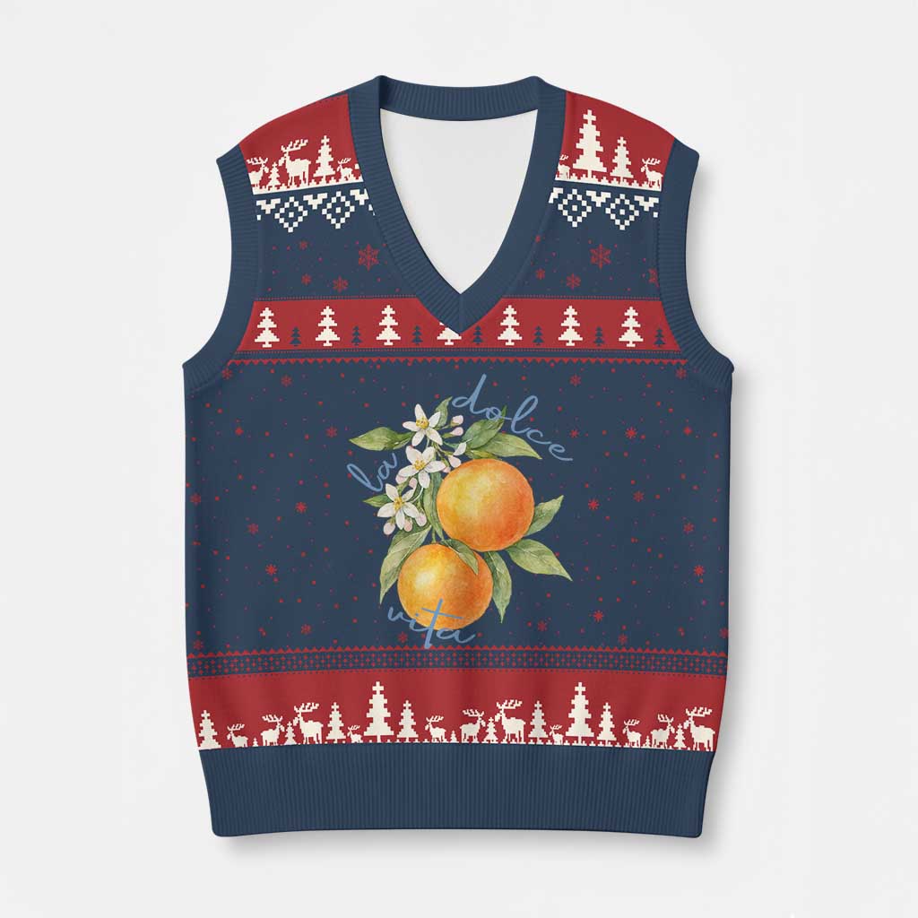 La Dolce Vita Oranges V-Neck Knit Sweater Vest Romantic Italian Citrus Blossom Mediterranean Charm TS02 Navy Red Print Your Wear