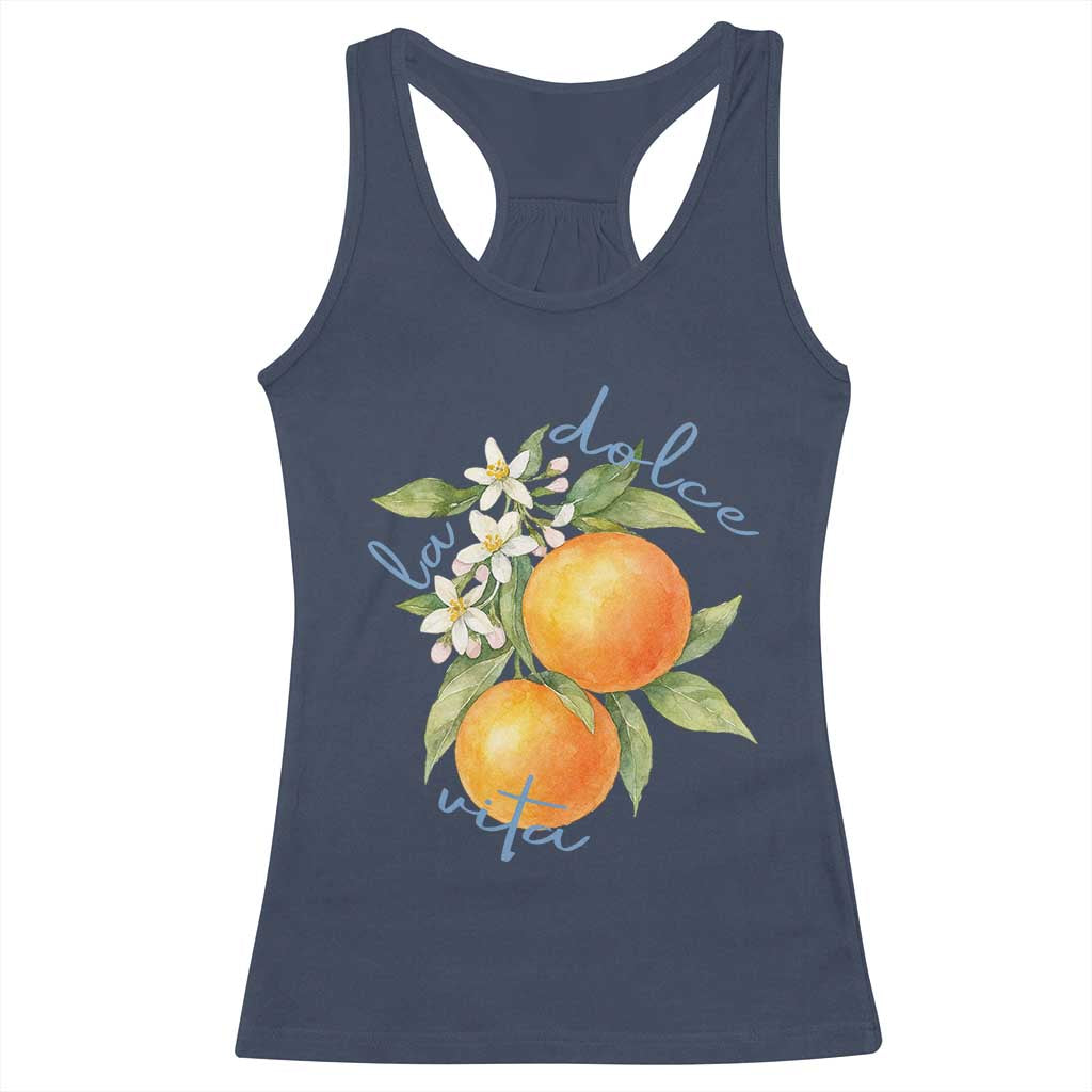 La Dolce Vita Oranges Racerback Tank Top Romantic Italian Citrus Blossom Mediterranean Charm TS02 Navy Print Your Wear