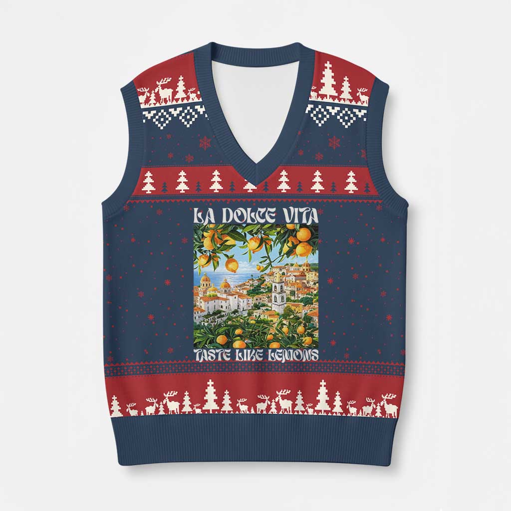 La Dolce Vita Taste Like Lemons V-Neck Knit Sweater Vest Retro Italian Village Citrus Summer Wanderlusters TS02 Navy Red Print Your Wear