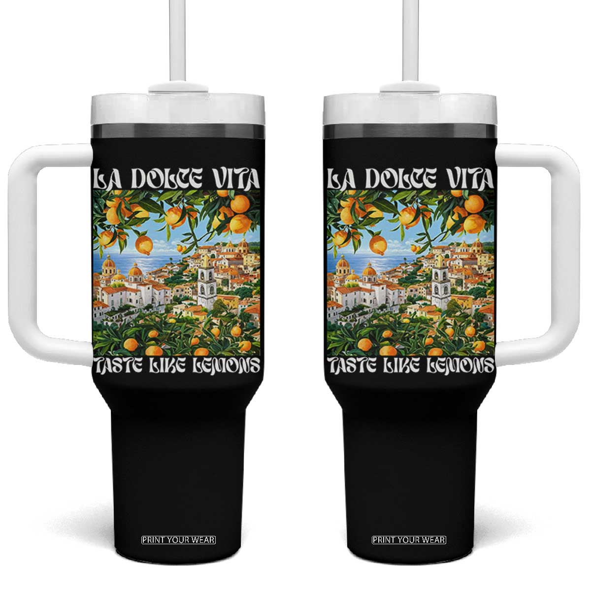 La Dolce Vita Taste Like Lemons Tumbler With Handle Retro Italian Village Citrus Summer Wanderlusters TS02 One Size: 40 oz Black Print Your Wear
