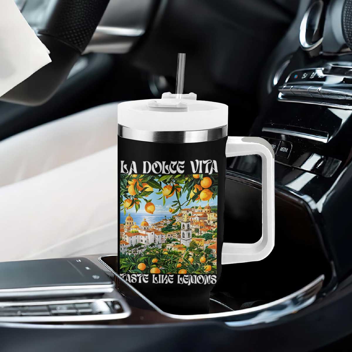 La Dolce Vita Taste Like Lemons Tumbler With Handle Retro Italian Village Citrus Summer Wanderlusters TS02 Print Your Wear