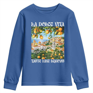 La Dolce Vita Taste Like Lemons Youth Sweatshirt Retro Italian Village Citrus Summer Wanderlusters TS02 Royal Blue Print Your Wear