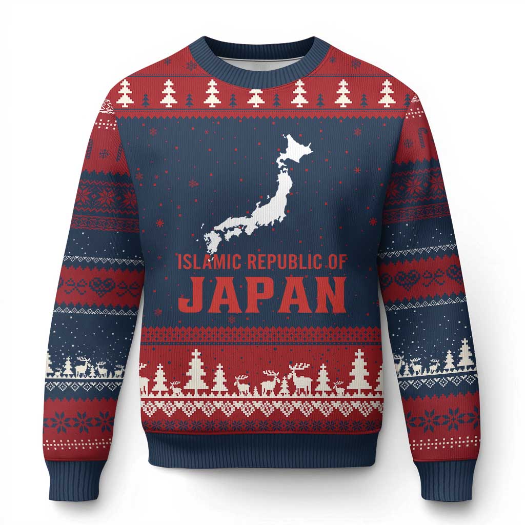 Islamic Republic of Japan Country Map Graphic Ugly Christmas Sweater Viral Political Satire Meme TS02 Navy Red Print Your Wear