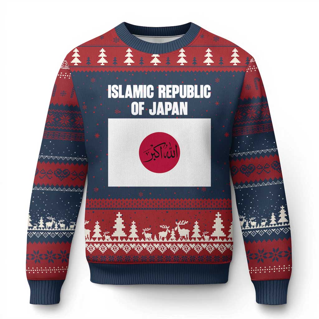 Islamic Republic of Japan Arabic Calligraphy Flag Ugly Christmas Sweater Allahu Akbar Presidential Gaffe Satirical TS02 Navy Red Print Your Wear