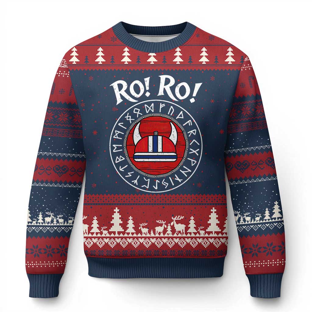 Ro Ro Ro Viking Chant Norway Football Fans Ugly Christmas Sweater Norwegian Pride Distressed Norse Runes Shield Patriotic Supporter TS02 Navy Red Print Your Wear