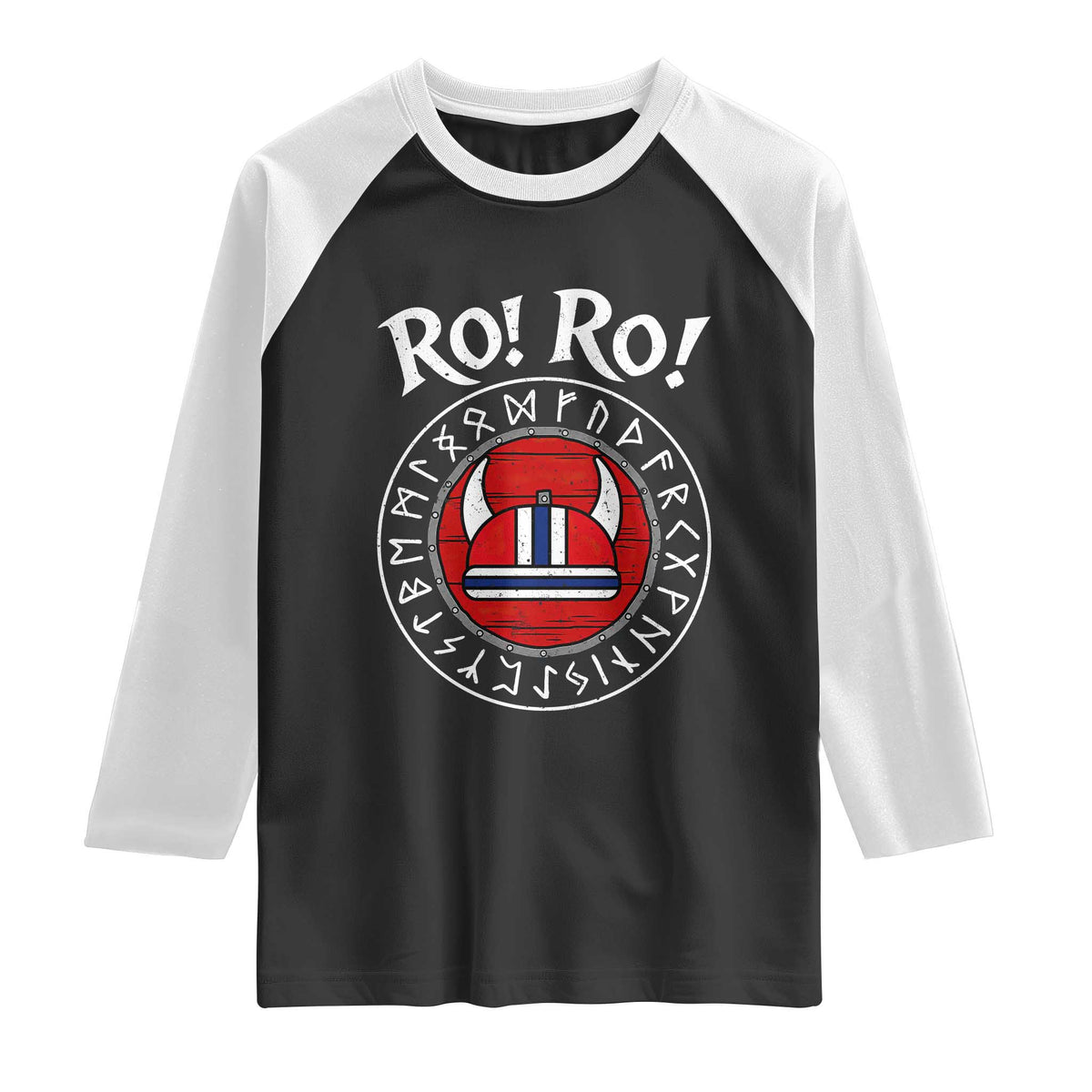 Ro Ro Ro Viking Chant Norway Football Fans Raglan Shirt Norwegian Pride Distressed Norse Runes Shield Patriotic Supporter