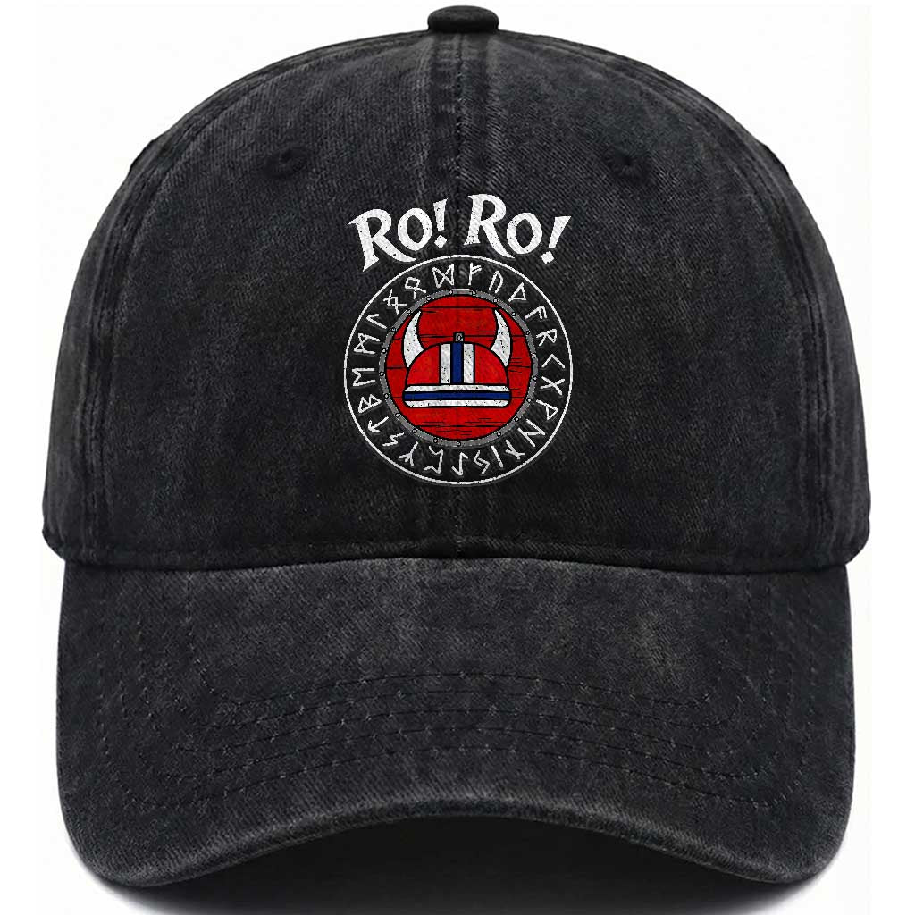 Ro Ro Ro Viking Chant Norway Football Fans Washed Cotton Baseball Cap Norwegian Pride Distressed Norse Runes Shield Patriotic Supporter TS02 Print Your Wear