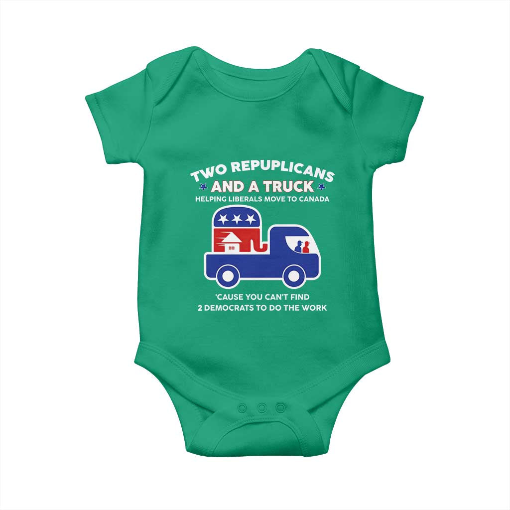 Two Republicans And A Truck Helping Liberals Move To Canada Baby Onesie Funny Elephant Red White and Blue Sarcastic Political