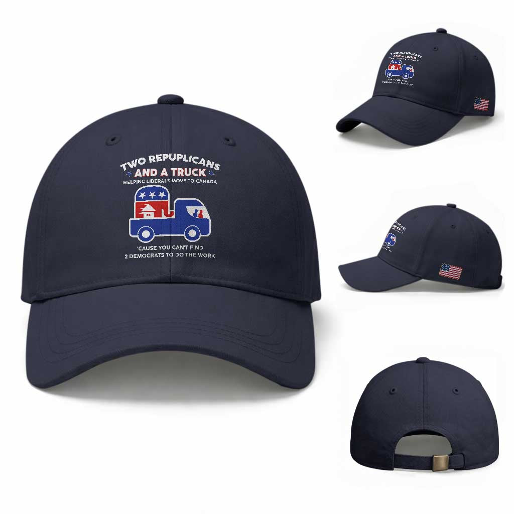 Two Republicans And A Truck Helping Liberals Move To Canada Baseball Cap Funny Elephant Red White and Blue Sarcastic Political
