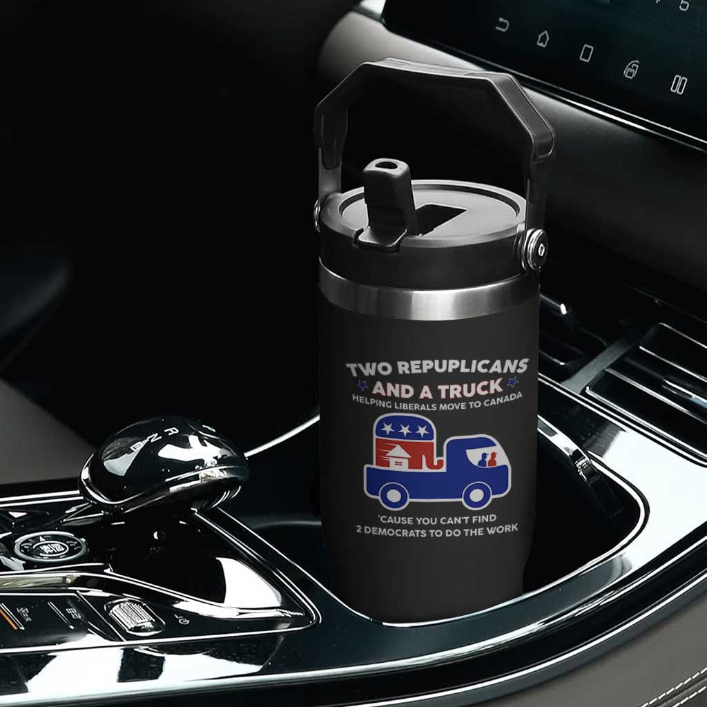 Two Republicans And A Truck Helping Liberals Move To Canada Flip Straw Tumbler Funny Elephant Red White and Blue Sarcastic Political TS02 Print Your Wear