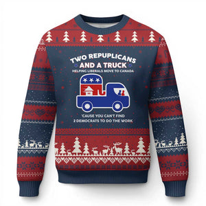 Two Republicans And A Truck Helping Liberals Move To Canada Ugly Christmas Sweater Funny Elephant Red White and Blue Sarcastic Political