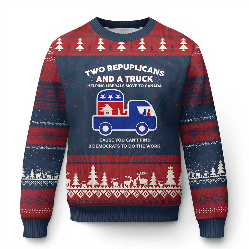 Two Republicans And A Truck Helping Liberals Move To Canada Ugly Christmas Sweater Funny Elephant Red White and Blue Sarcastic Political TS02 Navy Red Print Your Wear