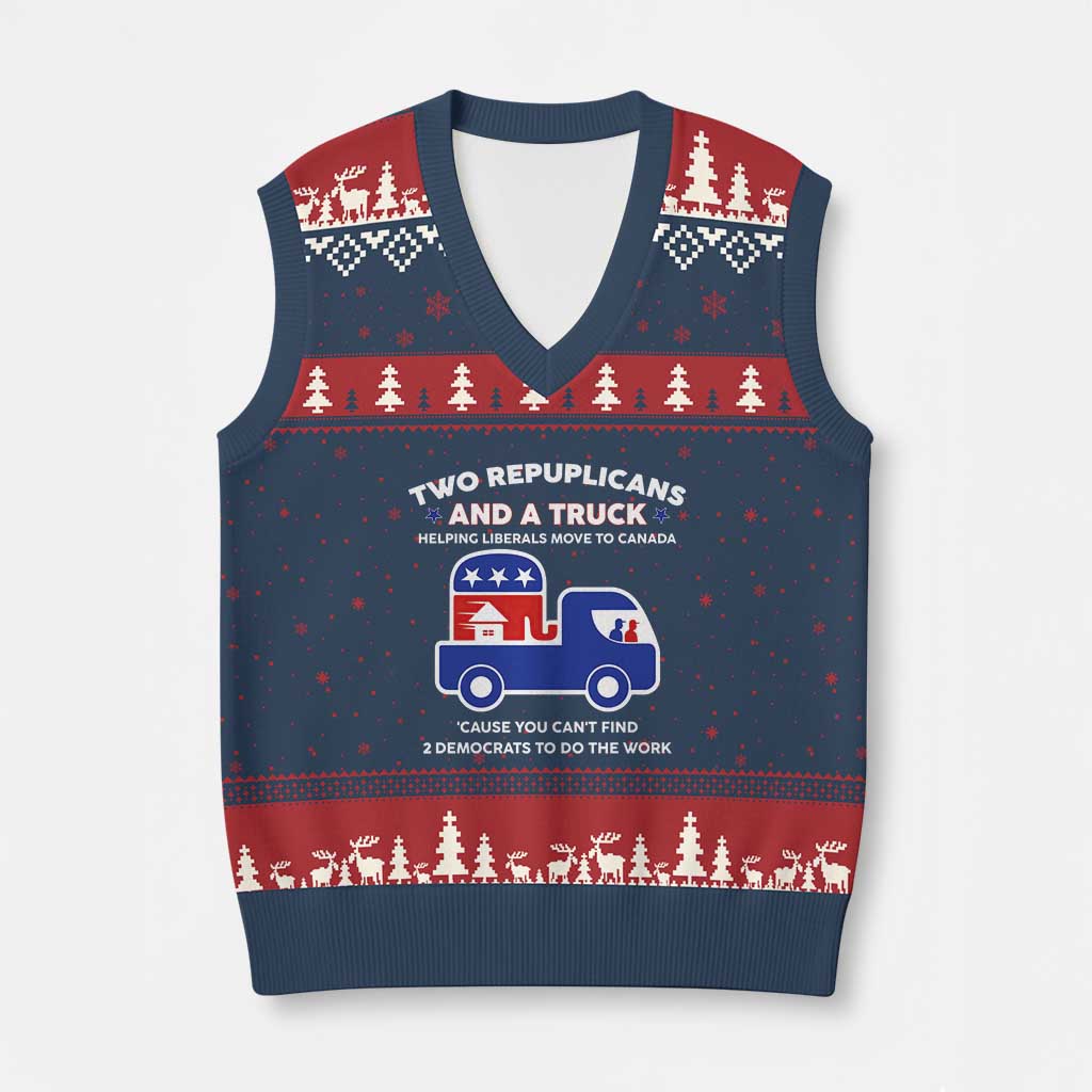 Two Republicans And A Truck Helping Liberals Move To Canada V-Neck Knit Sweater Vest Funny Elephant Red White and Blue Sarcastic Political