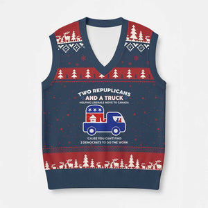 Two Republicans And A Truck Helping Liberals Move To Canada V-Neck Knit Sweater Vest Funny Elephant Red White and Blue Sarcastic Political