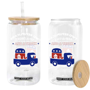Two Republicans And A Truck Helping Liberals Move To Canada Glass Can Funny Elephant Red White and Blue Sarcastic Political TS02 Print Your Wear