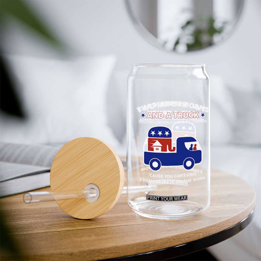 Two Republicans And A Truck Helping Liberals Move To Canada Glass Can Funny Elephant Red White and Blue Sarcastic Political TS02 Print Your Wear