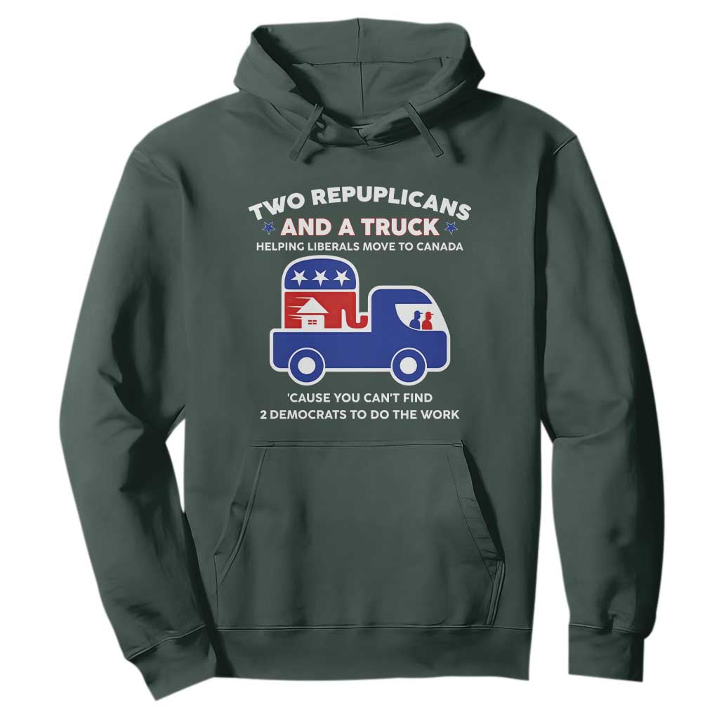 Two Republicans And A Truck Helping Liberals Move To Canada Hoodie Funny Elephant Red White and Blue Sarcastic Political