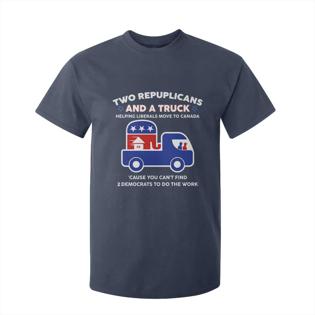 Two Republicans And A Truck Helping Liberals Move To Canada T Shirt For Kid Funny Elephant Red White and Blue Sarcastic Political