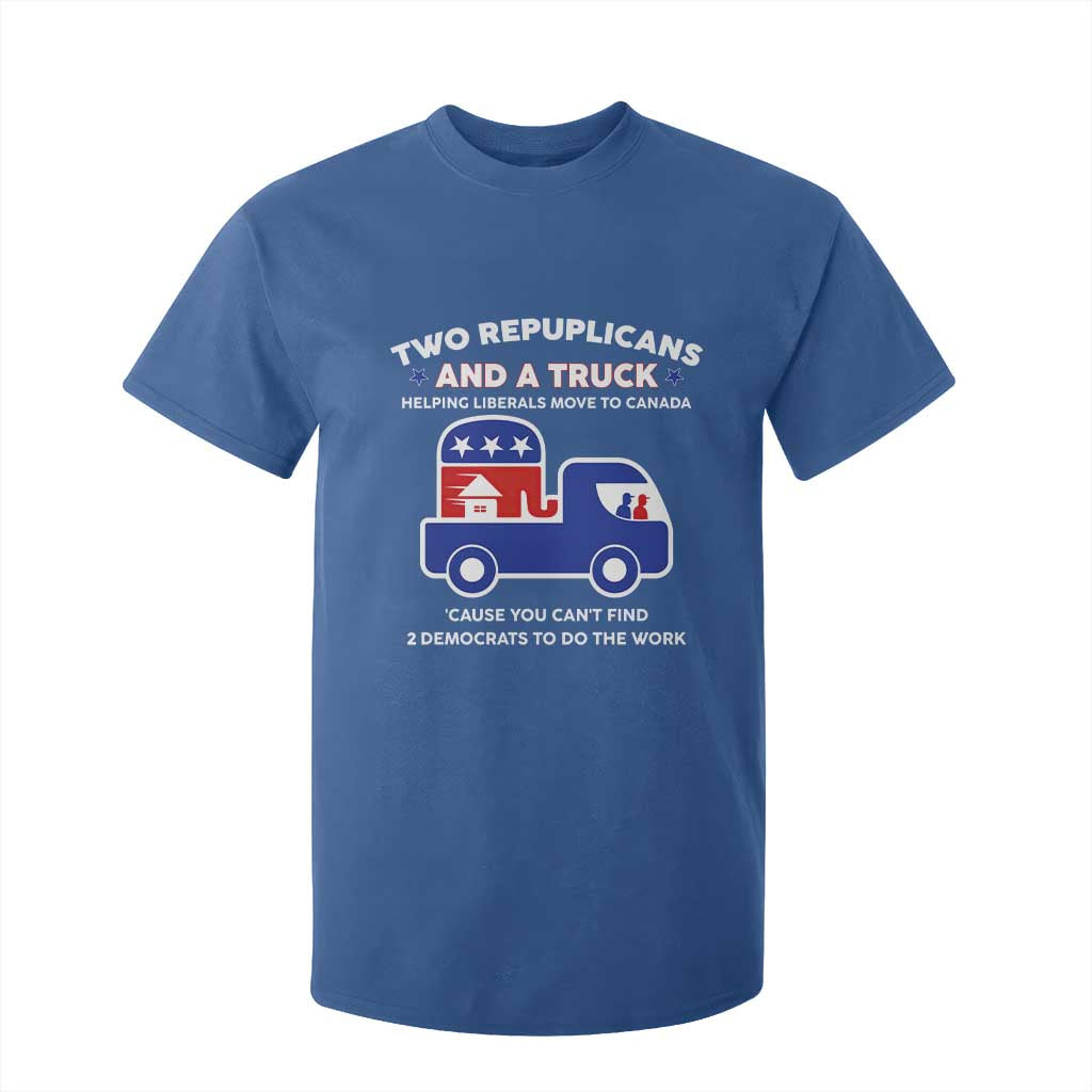 Two Republicans And A Truck Helping Liberals Move To Canada T Shirt For Kid Funny Elephant Red White and Blue Sarcastic Political
