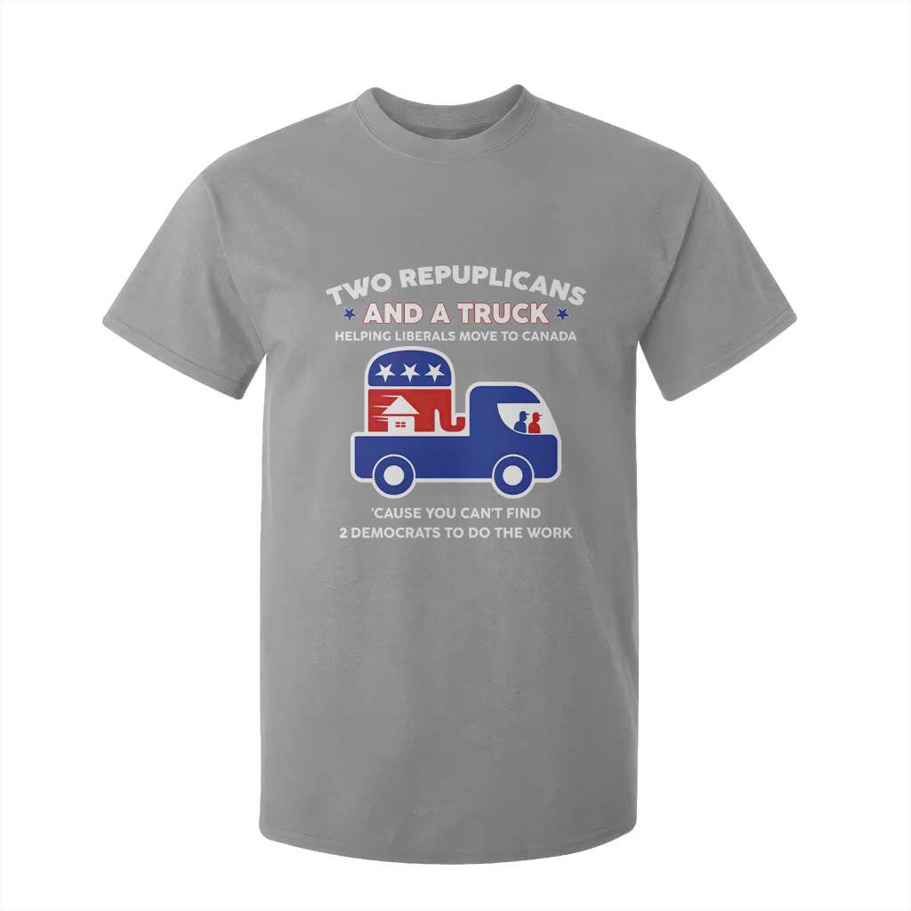 Two Republicans And A Truck Helping Liberals Move To Canada T Shirt For Kid Funny Elephant Red White and Blue Sarcastic Political