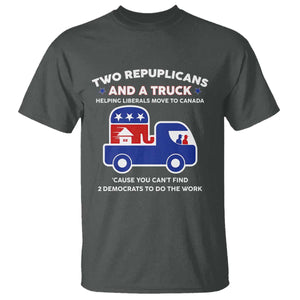 Two Republicans And A Truck Helping Liberals Move To Canada T Shirt Funny Elephant Red White and Blue Sarcastic Political