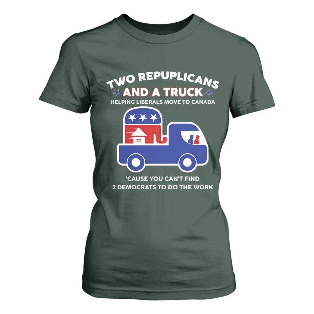 Two Republicans And A Truck Helping Liberals Move To Canada T Shirt For Women Funny Elephant Red White and Blue Sarcastic Political