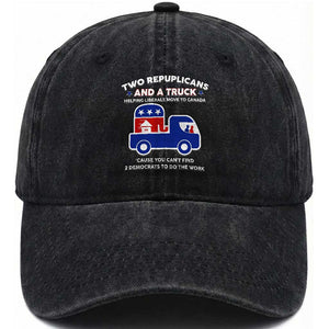 Two Republicans And A Truck Helping Liberals Move To Canada Washed Cotton Baseball Cap Funny Elephant Red White and Blue Sarcastic Political