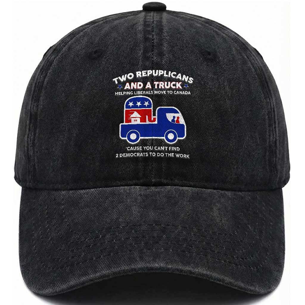 Two Republicans And A Truck Helping Liberals Move To Canada Washed Cotton Baseball Cap Funny Elephant Red White and Blue Sarcastic Political TS02 Print Your Wear