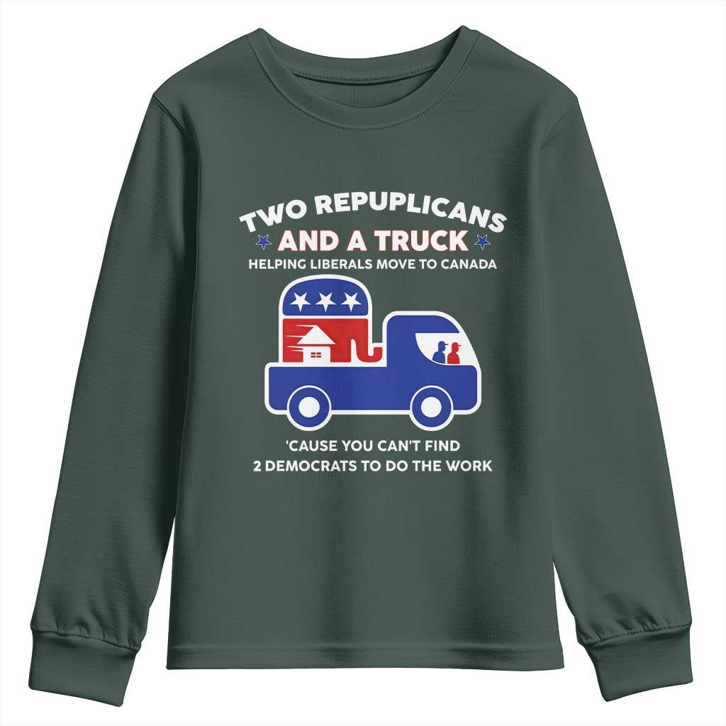 Two Republicans And A Truck Helping Liberals Move To Canada Youth Sweatshirt Funny Elephant Red White and Blue Sarcastic Political