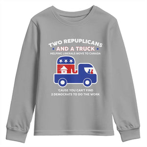 Two Republicans And A Truck Helping Liberals Move To Canada Youth Sweatshirt Funny Elephant Red White and Blue Sarcastic Political
