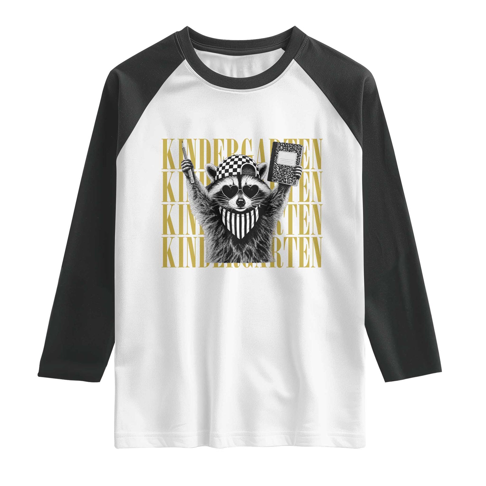 Cool Kindergarten Raccoon Back to School Raglan Shirt First Day of School Funny Kids Gift TS02 White Black Print Your Wear