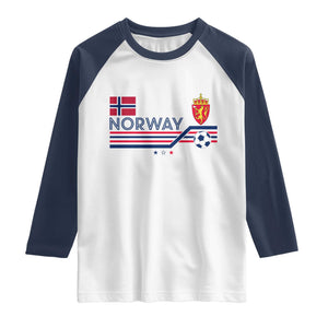 Classic Norway Football Emblem Graphic Raglan Shirt Retro Norwegian Flag Coat of Arms Norge Soccer Fans TS02 White Navy Print Your Wear