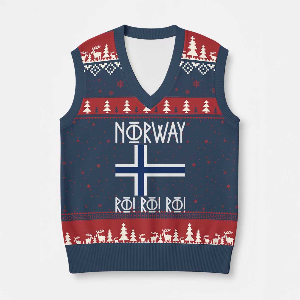 Norway Flag Ro Ro Ro Norse Rune Typography Graphic V-Neck Knit Sweater Vest Norge Football Fans Norwegian Pride TS02 Navy Red Print Your Wear