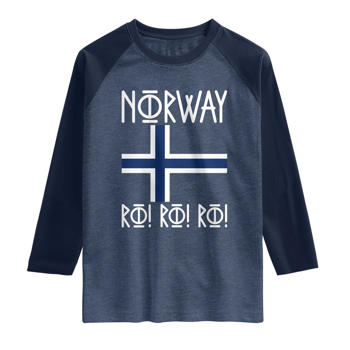 Norway Flag Ro Ro Ro Norse Rune Typography Graphic Raglan Shirt Norge Football Fans Norwegian Pride TS02 Heather Denim Navy Print Your Wear