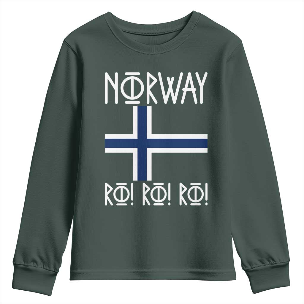 Norway Flag Ro Ro Ro Norse Rune Typography Graphic Youth Sweatshirt Norge Football Fans Norwegian Pride TS02 Dark Forest Green Print Your Wear