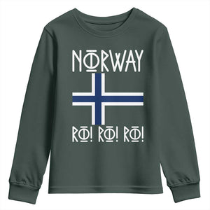 Norway Flag Ro Ro Ro Norse Rune Typography Graphic Youth Sweatshirt Norge Football Fans Norwegian Pride TS02 Dark Forest Green Print Your Wear