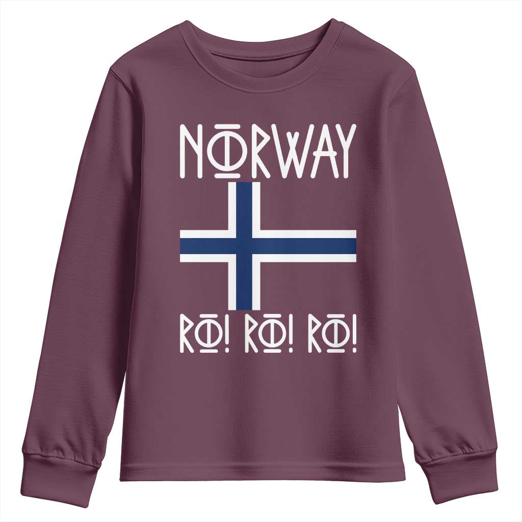 Norway Flag Ro Ro Ro Norse Rune Typography Graphic Youth Sweatshirt Norge Football Fans Norwegian Pride TS02 Maroon Print Your Wear