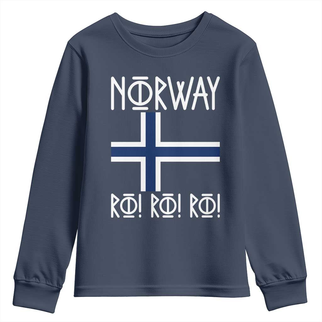 Norway Flag Ro Ro Ro Norse Rune Typography Graphic Youth Sweatshirt Norge Football Fans Norwegian Pride TS02 Navy Print Your Wear