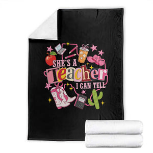 She is a Teacher I Can Tell School Aesthetic Throw Blanket Retro Groovy Western Cowgirl Texas