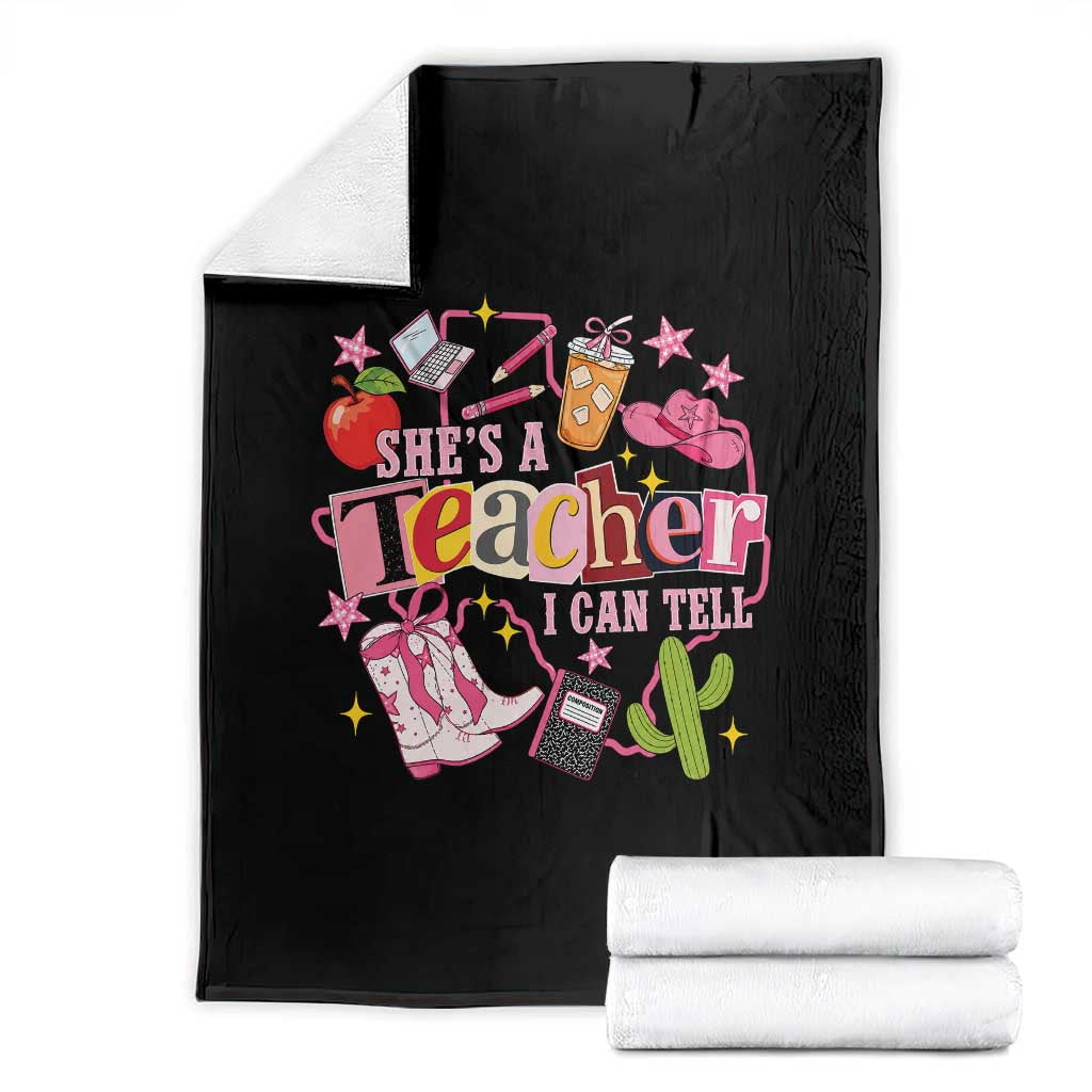 She is a Teacher I Can Tell School Aesthetic Throw Blanket Retro Groovy Western Cowgirl Texas TS02 Black Print Your Wear