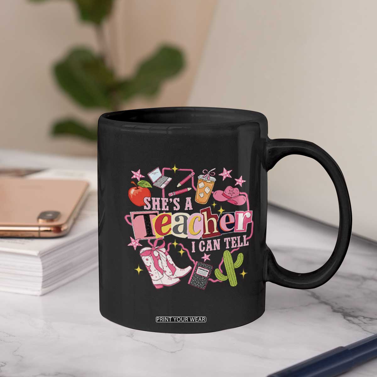She is a Teacher I Can Tell School Aesthetic Coffee Mug Retro Groovy Western Cowgirl Texas