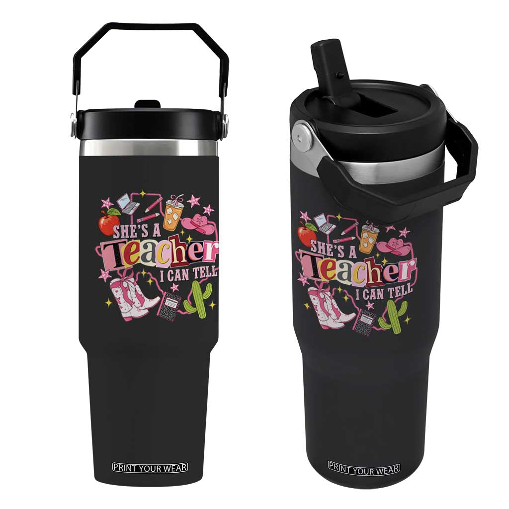 She is a Teacher I Can Tell School Aesthetic Flip Straw Tumbler Retro Groovy Western Cowgirl Texas TS02 One Size: 30 oz Black Print Your Wear
