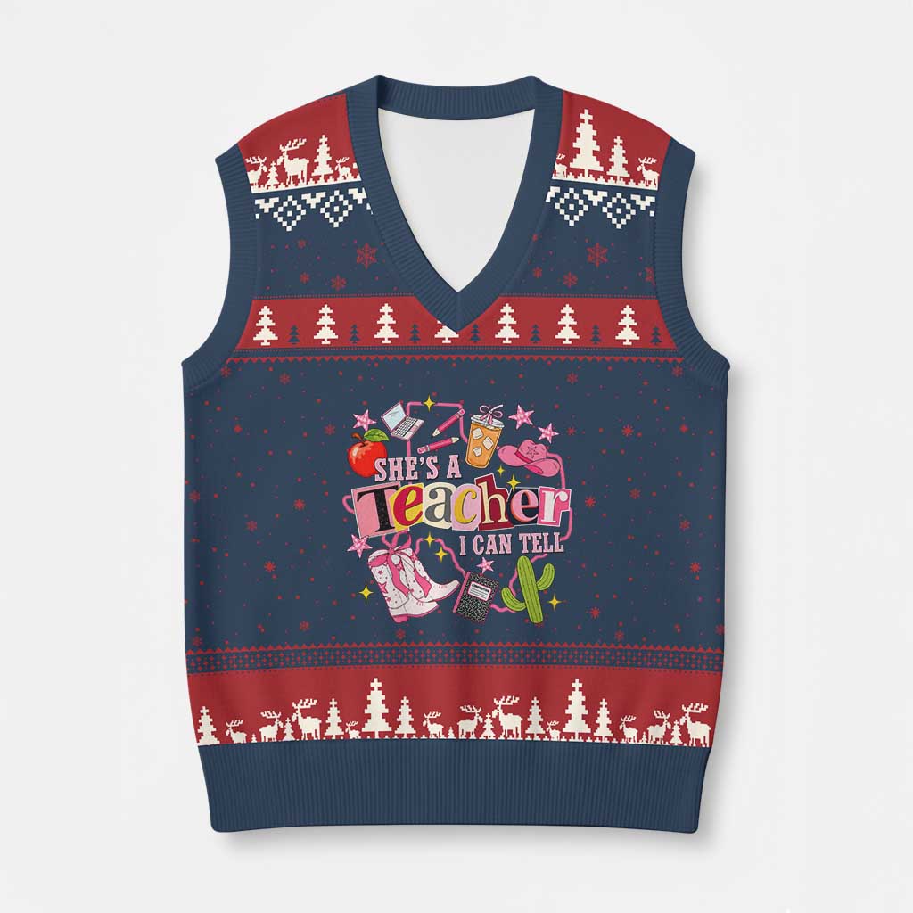 She is a Teacher I Can Tell School Aesthetic V-Neck Knit Sweater Vest Retro Groovy Western Cowgirl Texas TS02 Navy Red Print Your Wear