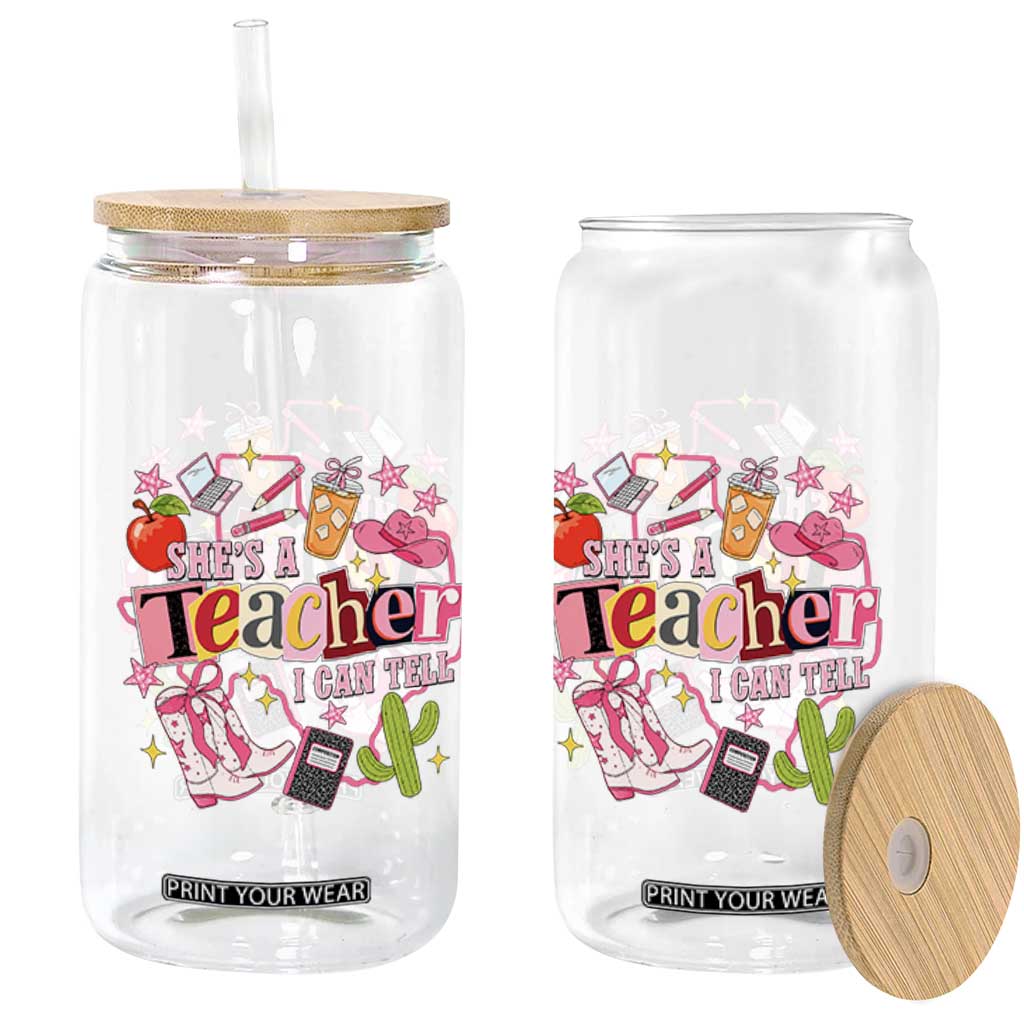 She is a Teacher I Can Tell School Aesthetic Glass Can Retro Groovy Western Cowgirl Texas