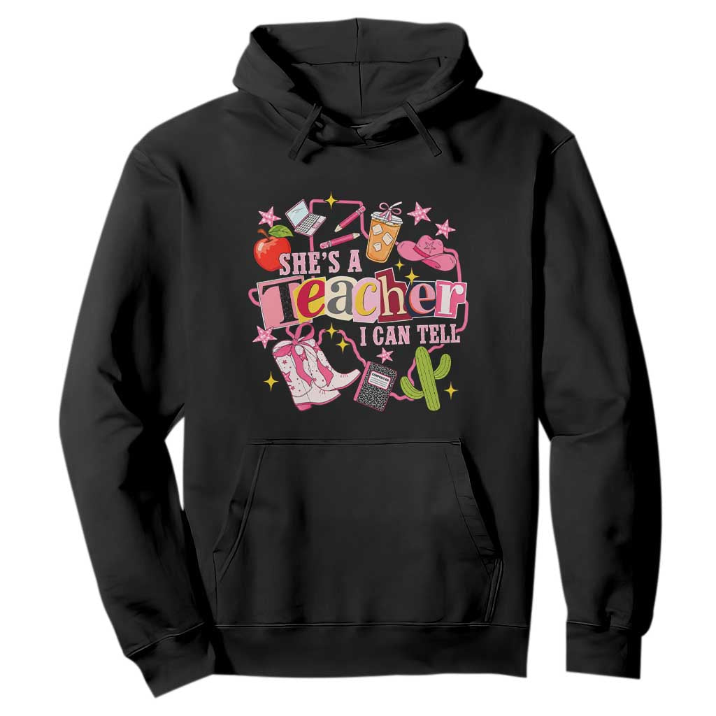 She is a Teacher I Can Tell School Aesthetic Hoodie Retro Groovy Western Cowgirl Texas TS02 Black Print Your Wear