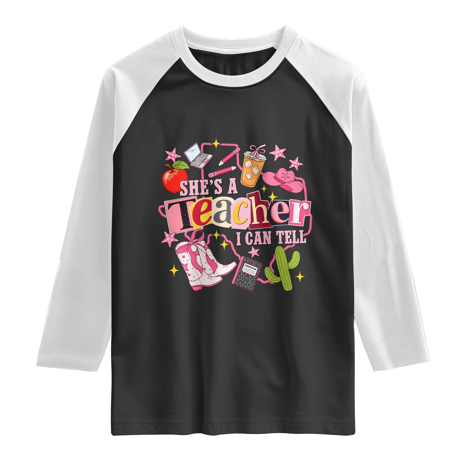 She is a Teacher I Can Tell School Aesthetic Raglan Shirt Retro Groovy Western Cowgirl Texas TS02 Black White Print Your Wear