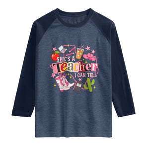 She is a Teacher I Can Tell School Aesthetic Raglan Shirt Retro Groovy Western Cowgirl Texas