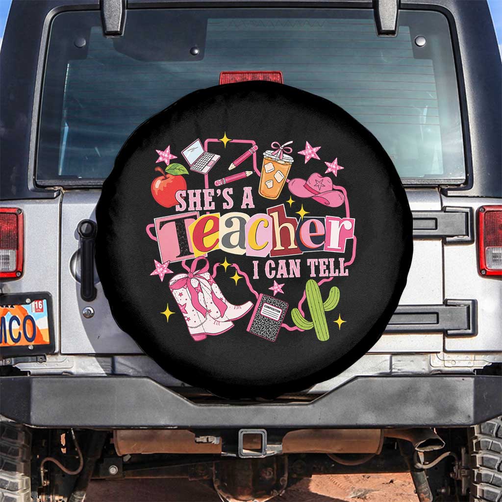 She is a Teacher I Can Tell School Aesthetic Spare Tire Cover Retro Groovy Western Cowgirl Texas TS02 No hole Black Print Your Wear